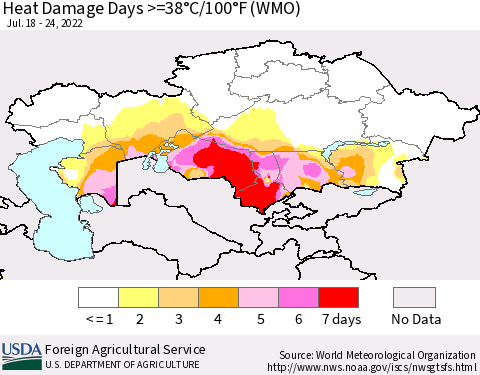 Kazakhstan Heat Damage Days >=38°C/100°F (WMO) Thematic Map For 7/18/2022 - 7/24/2022