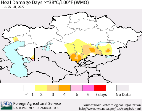 Kazakhstan Heat Damage Days >=38°C/100°F (WMO) Thematic Map For 7/25/2022 - 7/31/2022