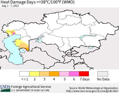 Kazakhstan Heat Damage Days >=38°C/100°F (WMO) Thematic Map For 8/1/2022 - 8/7/2022