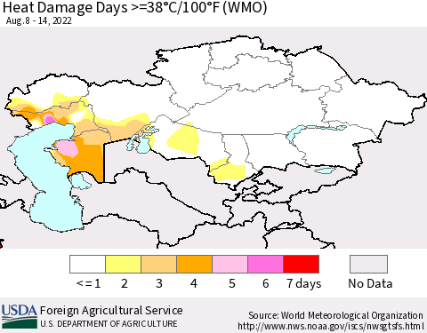 Kazakhstan Heat Damage Days >=38°C/100°F (WMO) Thematic Map For 8/8/2022 - 8/14/2022