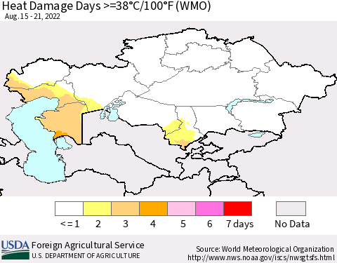 Kazakhstan Heat Damage Days >=38°C/100°F (WMO) Thematic Map For 8/15/2022 - 8/21/2022