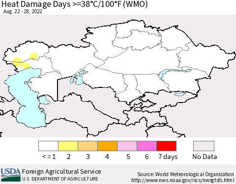 Kazakhstan Heat Damage Days >=38°C/100°F (WMO) Thematic Map For 8/22/2022 - 8/28/2022