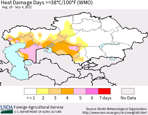Kazakhstan Heat Damage Days >=38°C/100°F (WMO) Thematic Map For 8/29/2022 - 9/4/2022