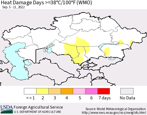 Kazakhstan Heat Damage Days >=38°C/100°F (WMO) Thematic Map For 9/5/2022 - 9/11/2022