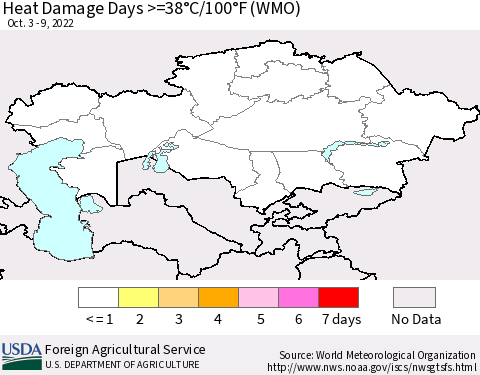 Kazakhstan Heat Damage Days >=38°C/100°F (WMO) Thematic Map For 10/3/2022 - 10/9/2022