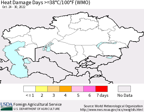 Kazakhstan Heat Damage Days >=38°C/100°F (WMO) Thematic Map For 10/24/2022 - 10/30/2022