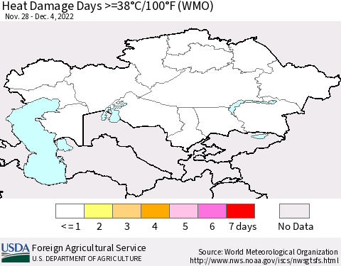 Kazakhstan Heat Damage Days >=38°C/100°F (WMO) Thematic Map For 11/28/2022 - 12/4/2022
