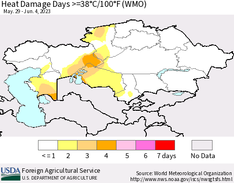 Kazakhstan Heat Damage Days >=38°C/100°F (WMO) Thematic Map For 5/29/2023 - 6/4/2023