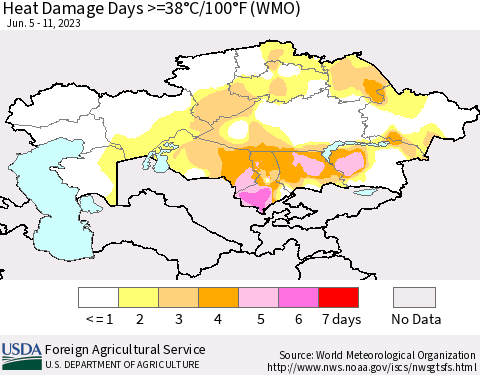 Kazakhstan Heat Damage Days >=38°C/100°F (WMO) Thematic Map For 6/5/2023 - 6/11/2023