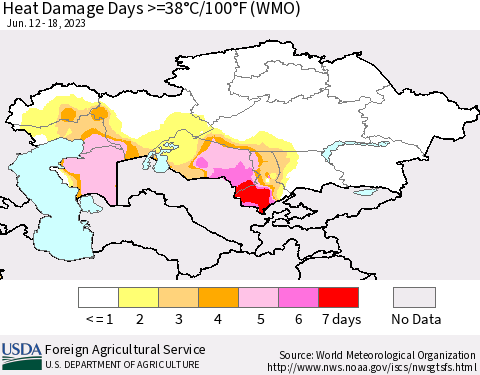 Kazakhstan Heat Damage Days >=38°C/100°F (WMO) Thematic Map For 6/12/2023 - 6/18/2023
