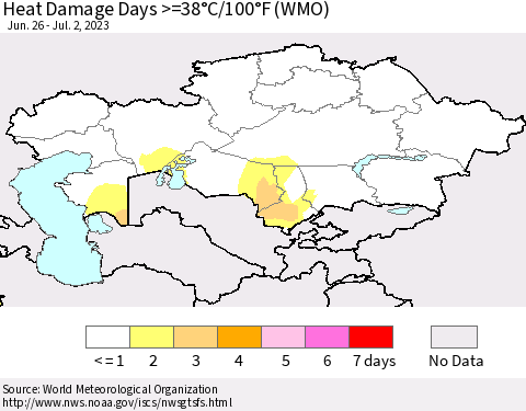 Kazakhstan Heat Damage Days >=38°C/100°F (WMO) Thematic Map For 6/26/2023 - 7/2/2023
