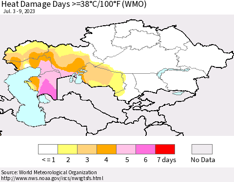 Kazakhstan Heat Damage Days >=38°C/100°F (WMO) Thematic Map For 7/3/2023 - 7/9/2023
