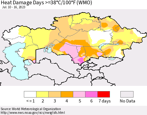 Kazakhstan Heat Damage Days >=38°C/100°F (WMO) Thematic Map For 7/10/2023 - 7/16/2023