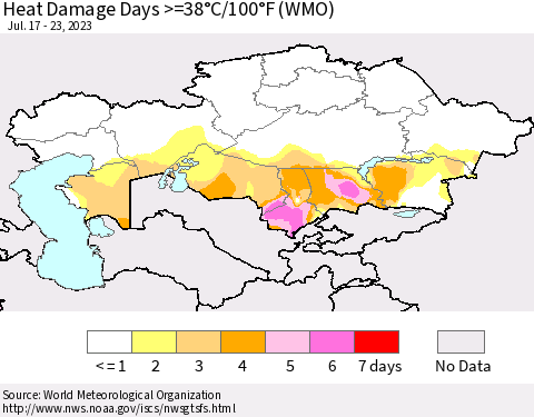 Kazakhstan Heat Damage Days >=38°C/100°F (WMO) Thematic Map For 7/17/2023 - 7/23/2023