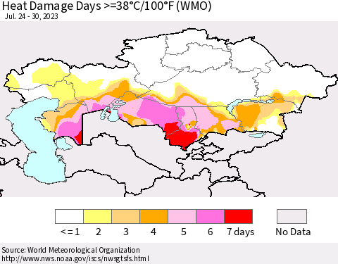 Kazakhstan Heat Damage Days >=38°C/100°F (WMO) Thematic Map For 7/24/2023 - 7/30/2023