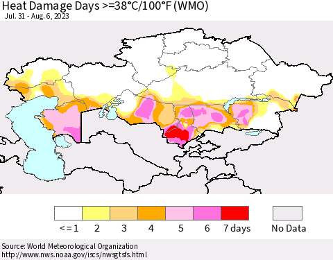 Kazakhstan Heat Damage Days >=38°C/100°F (WMO) Thematic Map For 7/31/2023 - 8/6/2023