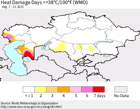 Kazakhstan Heat Damage Days >=38°C/100°F (WMO) Thematic Map For 8/7/2023 - 8/13/2023