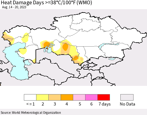 Kazakhstan Heat Damage Days >=38°C/100°F (WMO) Thematic Map For 8/14/2023 - 8/20/2023