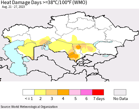 Kazakhstan Heat Damage Days >=38°C/100°F (WMO) Thematic Map For 8/21/2023 - 8/27/2023