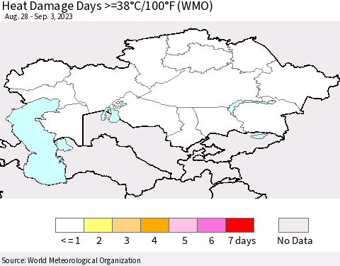 Kazakhstan Heat Damage Days >=38°C/100°F (WMO) Thematic Map For 8/28/2023 - 9/3/2023