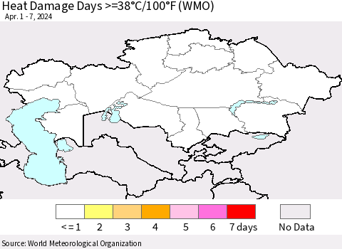 Kazakhstan Heat Damage Days >=38°C/100°F (WMO) Thematic Map For 4/1/2024 - 4/7/2024