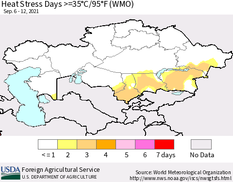 Kazakhstan Heat Stress Days >=35°C/95°F (WMO) Thematic Map For 9/6/2021 - 9/12/2021