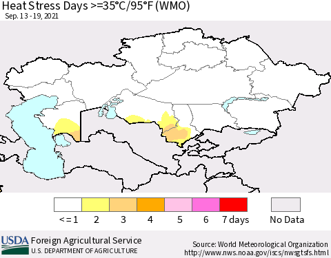 Kazakhstan Heat Stress Days >=35°C/95°F (WMO) Thematic Map For 9/13/2021 - 9/19/2021