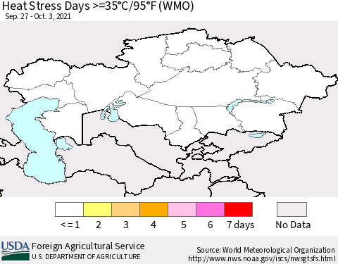 Kazakhstan Heat Stress Days >=35°C/95°F (WMO) Thematic Map For 9/27/2021 - 10/3/2021