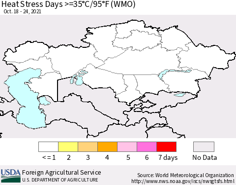 Kazakhstan Heat Stress Days >=35°C/95°F (WMO) Thematic Map For 10/18/2021 - 10/24/2021