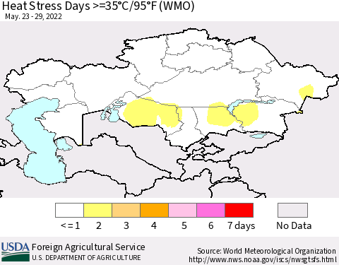 Kazakhstan Heat Stress Days >=35°C/95°F (WMO) Thematic Map For 5/23/2022 - 5/29/2022