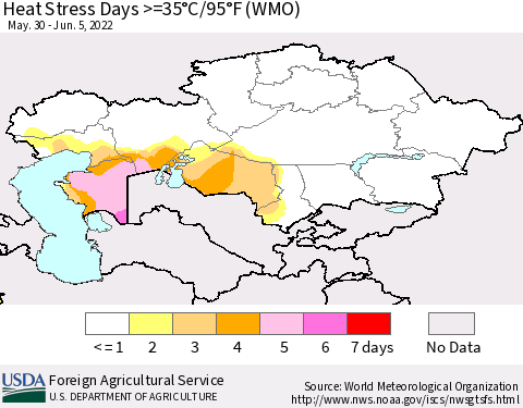 Kazakhstan Heat Stress Days >=35°C/95°F (WMO) Thematic Map For 5/30/2022 - 6/5/2022