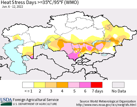 Kazakhstan Heat Stress Days >=35°C/95°F (WMO) Thematic Map For 6/6/2022 - 6/12/2022