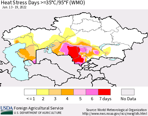 Kazakhstan Heat Stress Days >=35°C/95°F (WMO) Thematic Map For 6/13/2022 - 6/19/2022