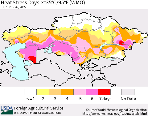 Kazakhstan Heat Stress Days >=35°C/95°F (WMO) Thematic Map For 6/20/2022 - 6/26/2022