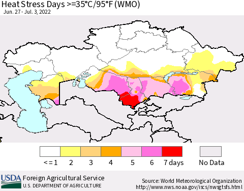 Kazakhstan Heat Stress Days >=35°C/95°F (WMO) Thematic Map For 6/27/2022 - 7/3/2022