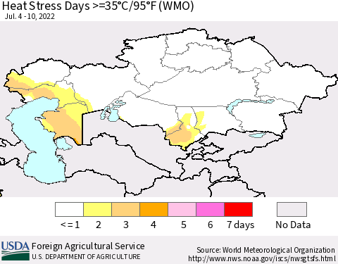 Kazakhstan Heat Stress Days >=35°C/95°F (WMO) Thematic Map For 7/4/2022 - 7/10/2022