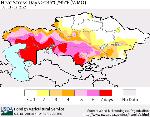 Kazakhstan Heat Stress Days >=35°C/95°F (WMO) Thematic Map For 7/11/2022 - 7/17/2022