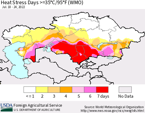 Kazakhstan Heat Stress Days >=35°C/95°F (WMO) Thematic Map For 7/18/2022 - 7/24/2022