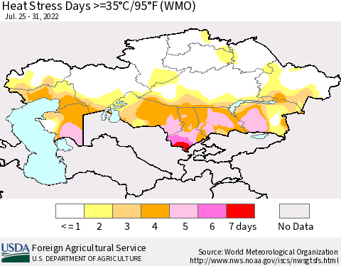 Kazakhstan Heat Stress Days >=35°C/95°F (WMO) Thematic Map For 7/25/2022 - 7/31/2022