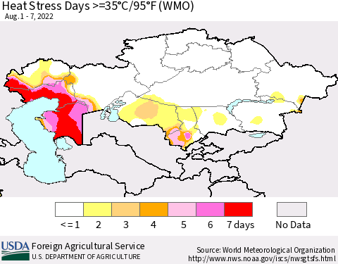 Kazakhstan Heat Stress Days >=35°C/95°F (WMO) Thematic Map For 8/1/2022 - 8/7/2022