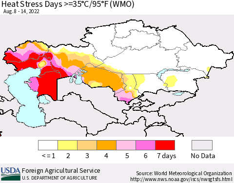 Kazakhstan Heat Stress Days >=35°C/95°F (WMO) Thematic Map For 8/8/2022 - 8/14/2022