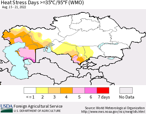 Kazakhstan Heat Stress Days >=35°C/95°F (WMO) Thematic Map For 8/15/2022 - 8/21/2022