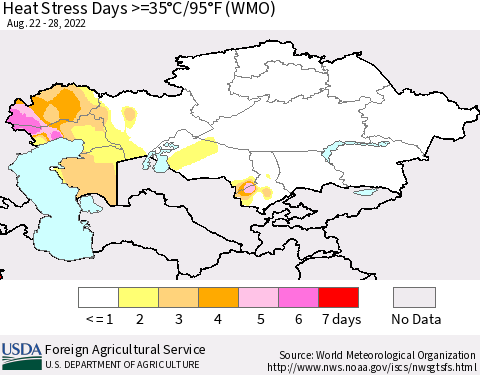 Kazakhstan Heat Stress Days >=35°C/95°F (WMO) Thematic Map For 8/22/2022 - 8/28/2022