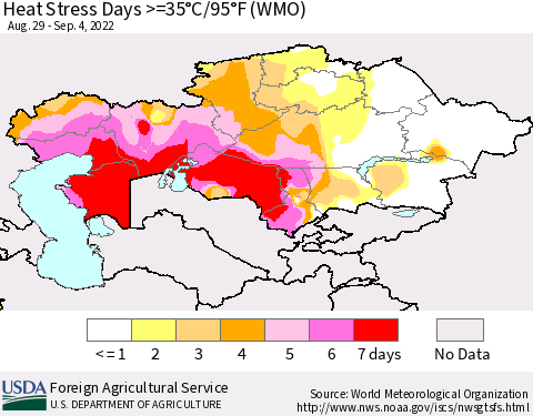 Kazakhstan Heat Stress Days >=35°C/95°F (WMO) Thematic Map For 8/29/2022 - 9/4/2022