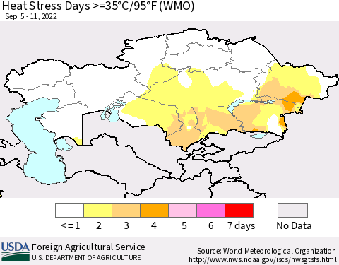 Kazakhstan Heat Stress Days >=35°C/95°F (WMO) Thematic Map For 9/5/2022 - 9/11/2022