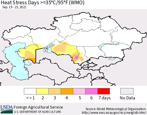 Kazakhstan Heat Stress Days >=35°C/95°F (WMO) Thematic Map For 9/19/2022 - 9/25/2022