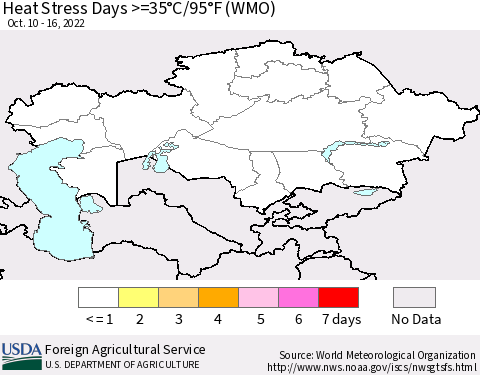 Kazakhstan Heat Stress Days >=35°C/95°F (WMO) Thematic Map For 10/10/2022 - 10/16/2022