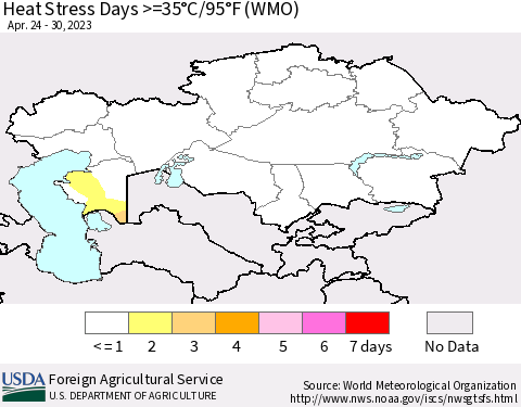 Kazakhstan Heat Stress Days >=35°C/95°F (WMO) Thematic Map For 4/24/2023 - 4/30/2023