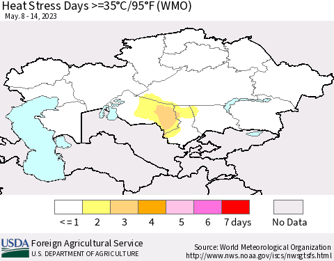 Kazakhstan Heat Stress Days >=35°C/95°F (WMO) Thematic Map For 5/8/2023 - 5/14/2023