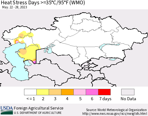 Kazakhstan Heat Stress Days >=35°C/95°F (WMO) Thematic Map For 5/22/2023 - 5/28/2023